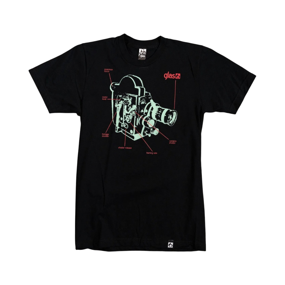 Glas Apparel 16MM black cotton t-shirt featuring a vintage film camera diagram graphic in mint and red print.