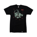Glas Apparel 16MM black cotton t-shirt featuring a vintage film camera diagram graphic in mint and red print.