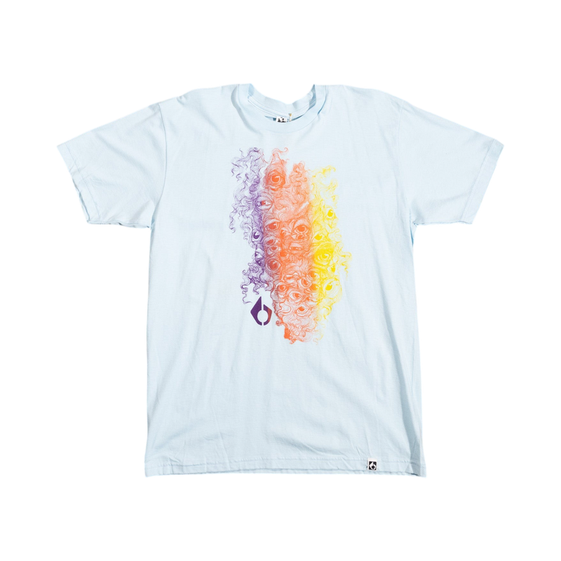 Glas Apparel light blue combed cotton t-shirt featuring a vibrant purple to yellow eyeball graphic print.