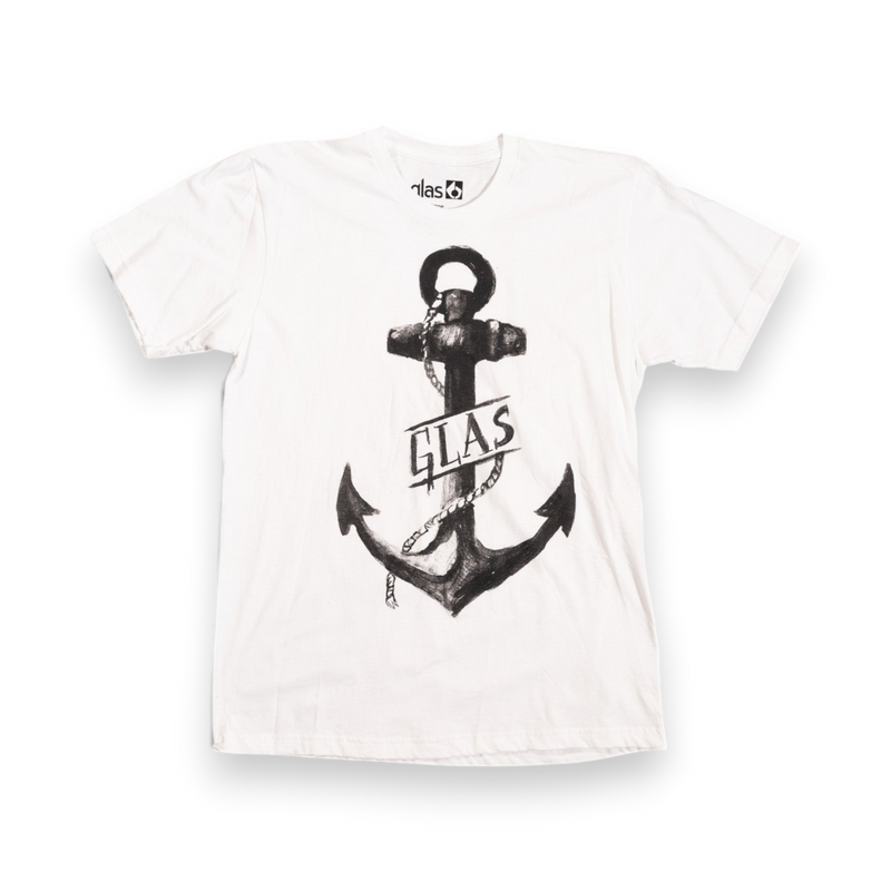 Glas Apparel white cotton t-shirt featuring a large black anchor graphic with the brand name across the center