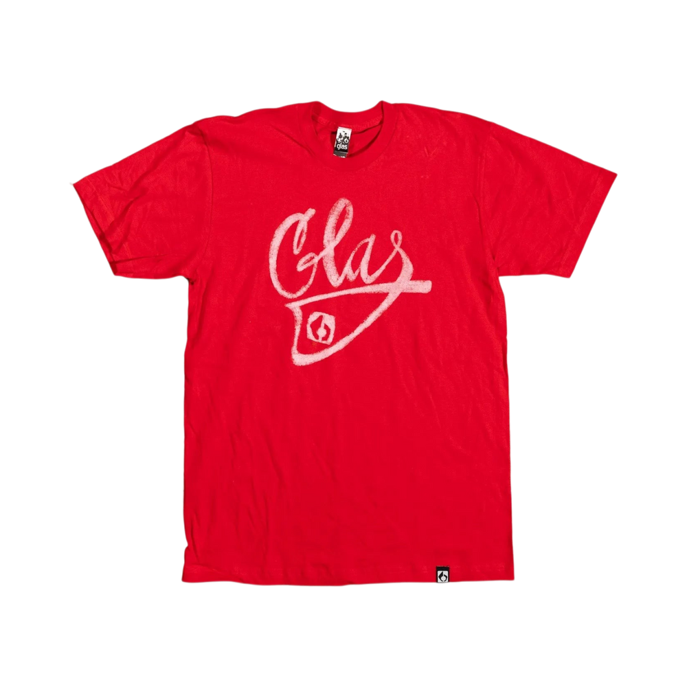 Glas Apparel Chalkie Tee in red 100% combed cotton with white chalk-art inspired graphic print on the chest