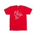 Glas Apparel Chalkie Tee in red 100% combed cotton with white chalk-art inspired graphic print on the chest