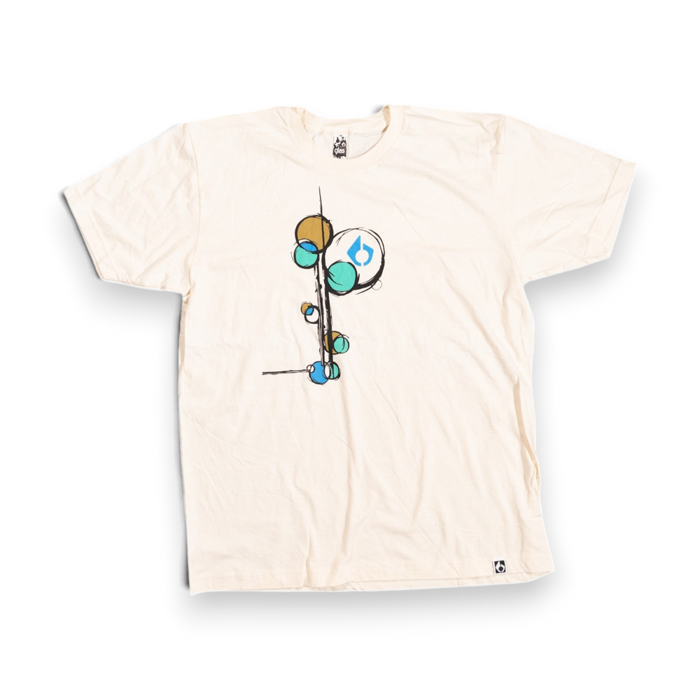 Glas Apparel cream 100% cotton t-shirt featuring a unique abstract circular art print on the chest