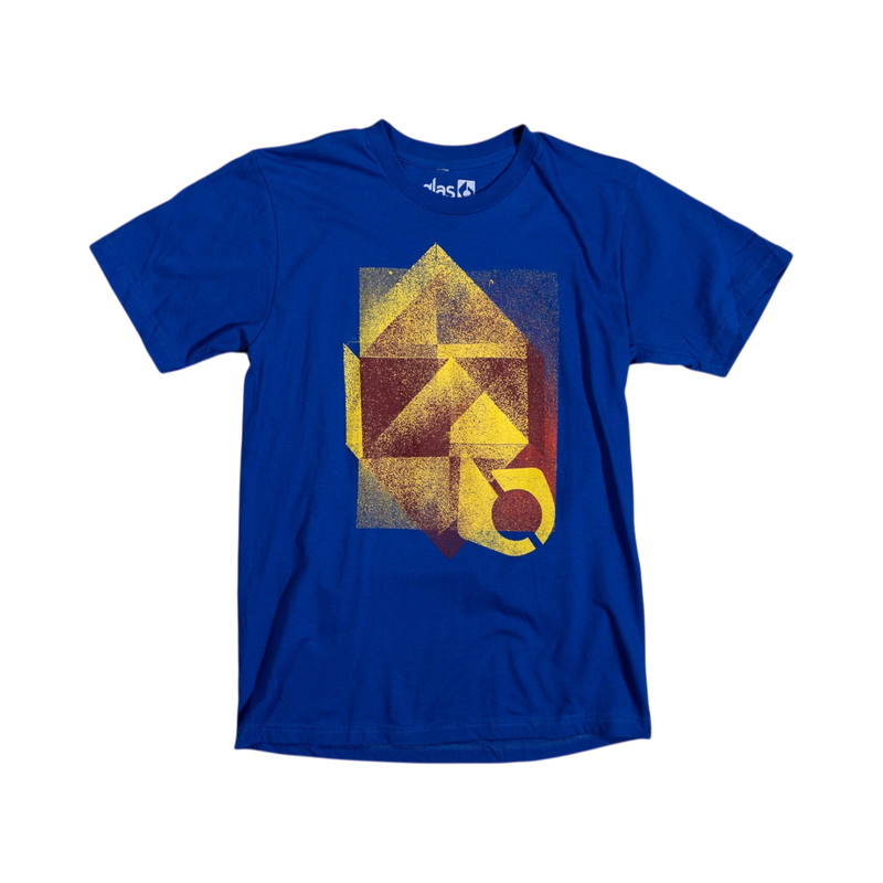 Glas Apparel Geo Tee in royal blue with a yellow and orange geometric graphic print on the front