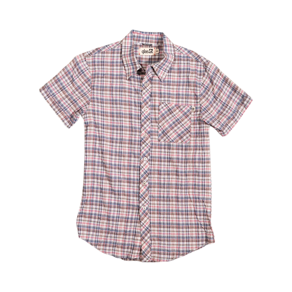 Glas Apparel Hayes short sleeve button-down shirt in a red, white, and blue plaid pattern made of 100% combed cotton