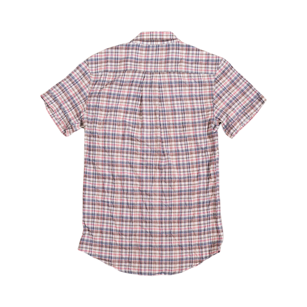Glas Apparel Hayes short sleeve shirt in a multi-colored plaid pattern made from 100% combed cotton, back view.