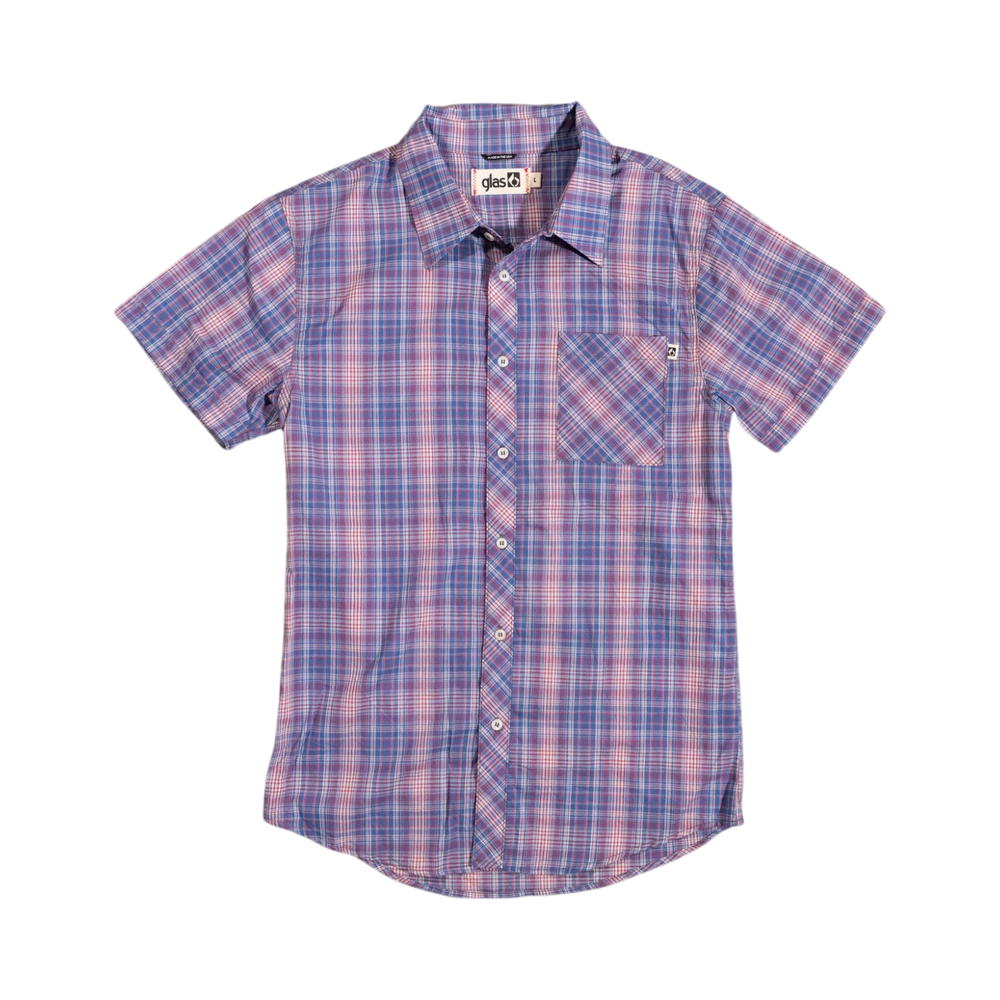 Glas Apparel Hayes short sleeve button-down shirt in a purple and blue plaid pattern made from 100% combed cotton.