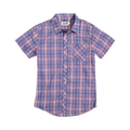 Glas Apparel Hayes short sleeve button-down shirt in a purple and blue plaid pattern made from 100% combed cotton.