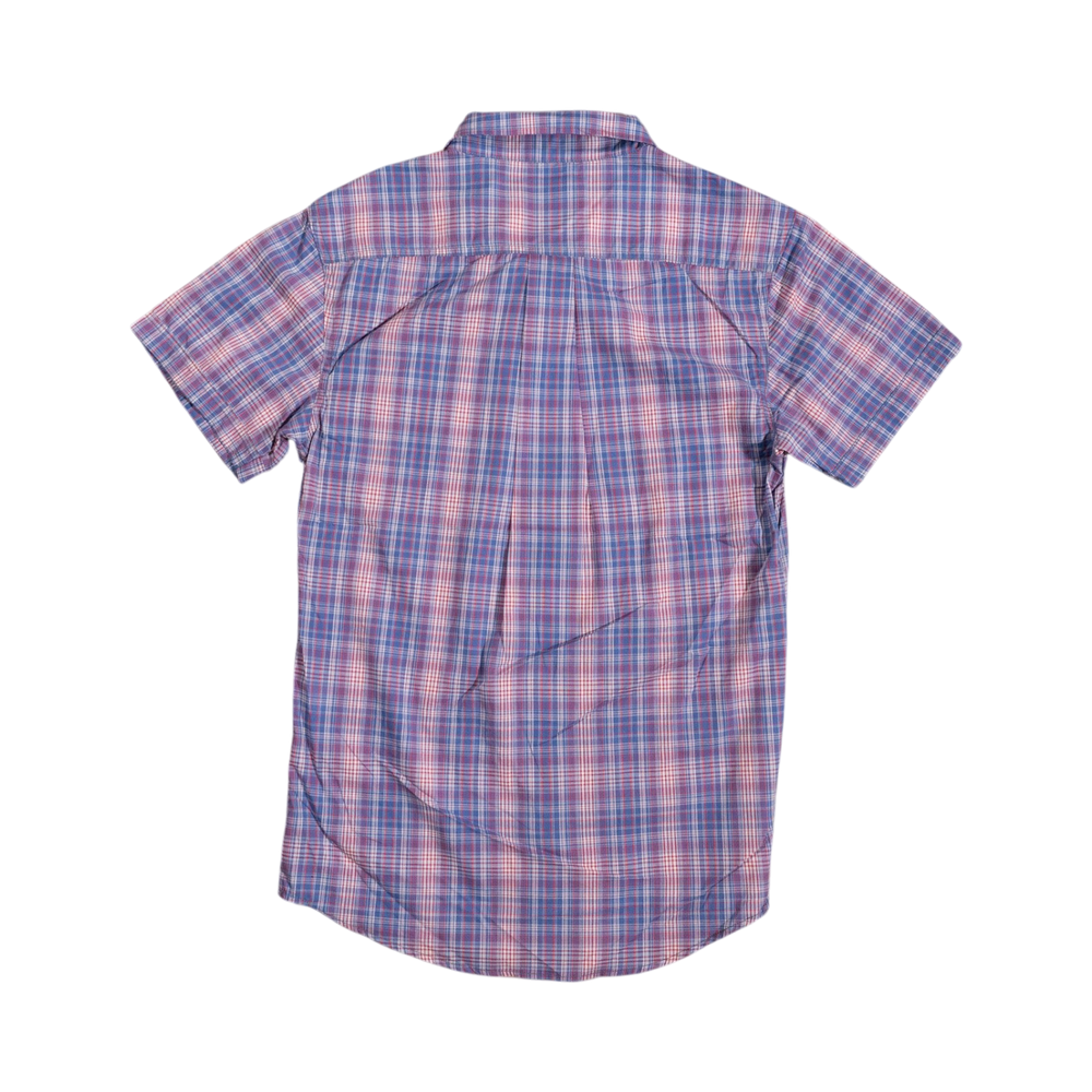 Glas Apparel Hayes short sleeve shirt in a blue and pink plaid pattern made from 100% combed cotton, back view.