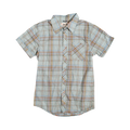 Glas Apparel Hayes short sleeve button-down shirt in light blue plaid cotton with a chest pocket