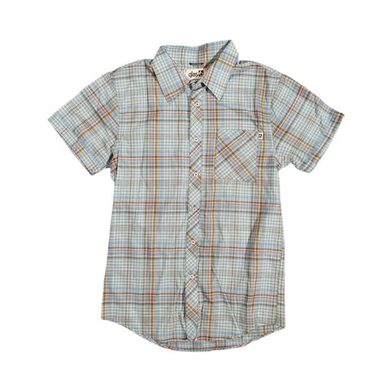 Glas Apparel Hayes short sleeve button-down shirt in light blue plaid cotton with a chest pocket