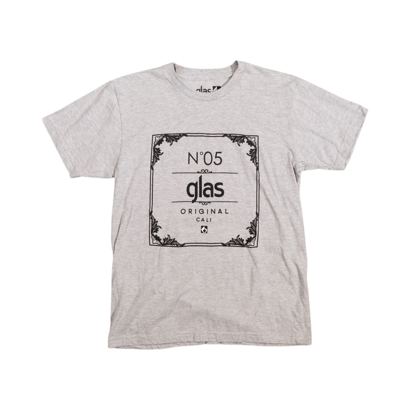 Glas Apparel No. 5 grey heather crew neck t-shirt with black vintage-style graphic print on the chest
