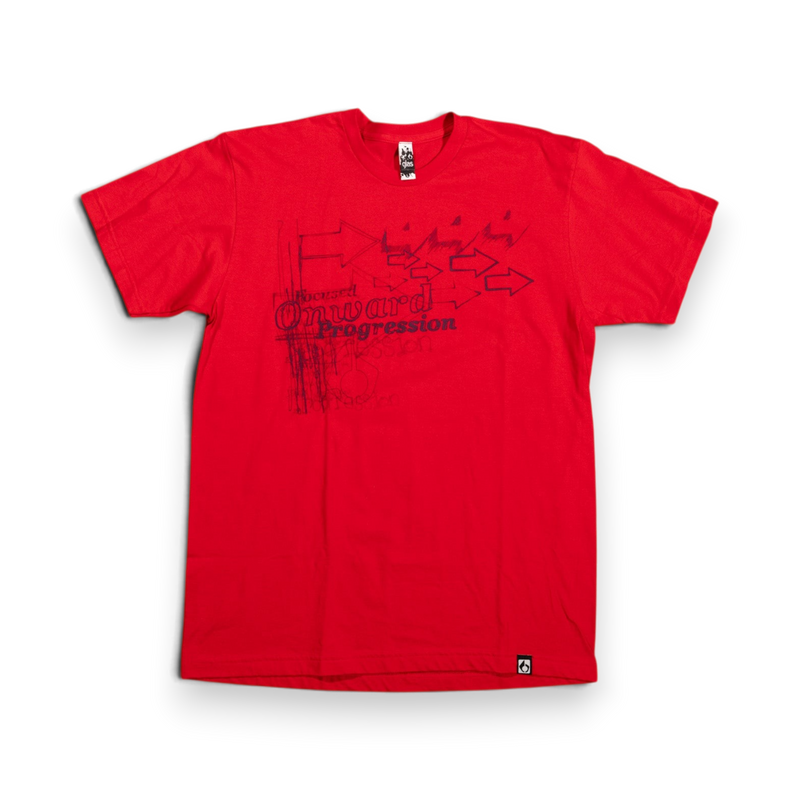 Glas Apparel red 100% combed cotton t-shirt featuring Onward Progression directional graphic artwork