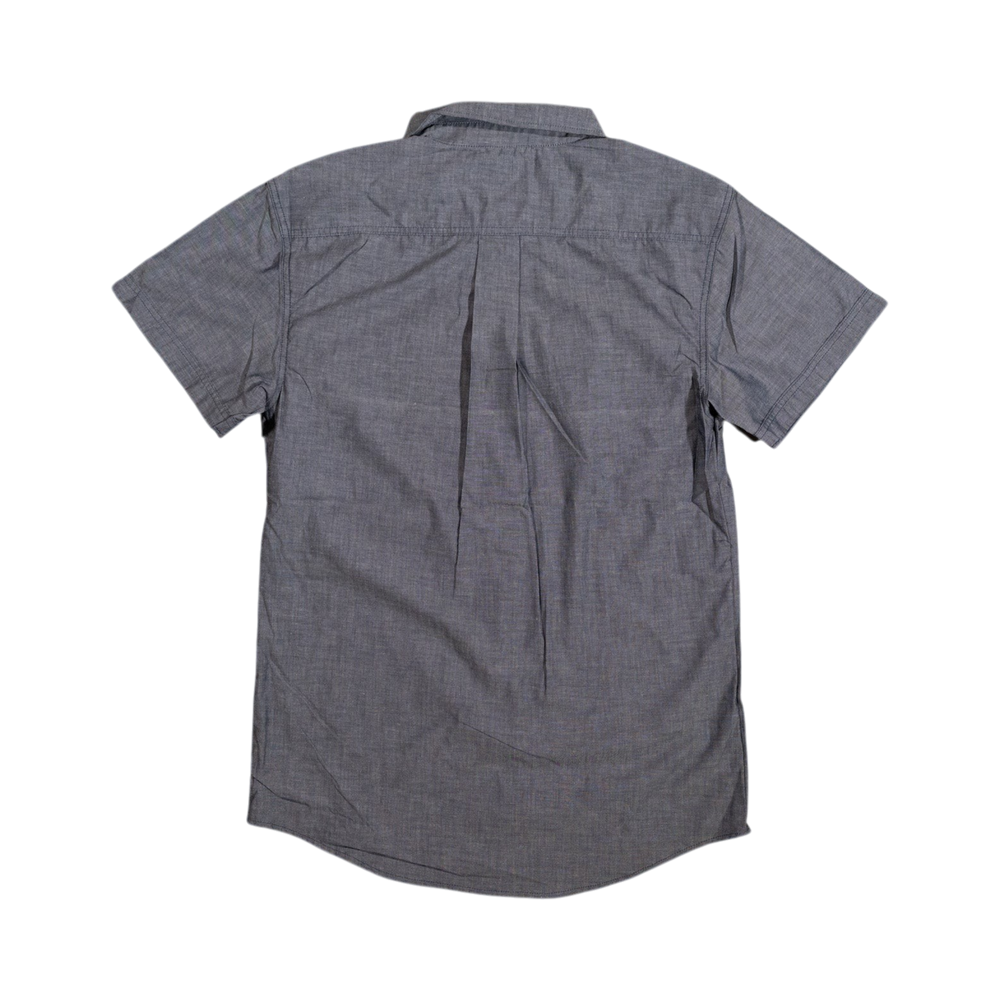 Back view of a Glas Apparel Protrero short sleeve shirt in grey, featuring a classic collar and button-down design.