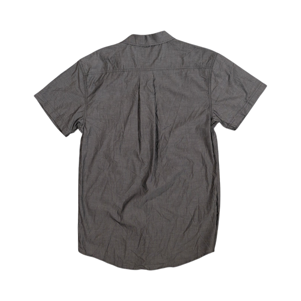 Back view of a Glas Apparel Protrero short sleeve shirt in charcoal grey, featuring a classic button-down collar.