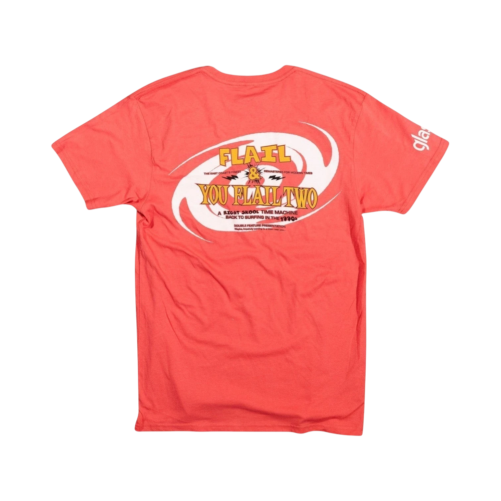 Glas Apparel Double Feature Tee in coral red with a 90s-style surf graphic on the back and logo on the sleeve.
