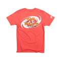 Glas Apparel Double Feature Tee in coral red with a 90s-style surf graphic on the back and logo on the sleeve.