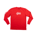 Glas Apparel red long sleeve shirt with white logo on chest and sleeve, made from 100% combed cotton.