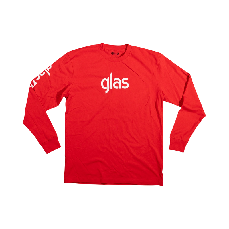 Glas Apparel red long sleeve shirt with white logo on chest and sleeve, made from 100% combed cotton.