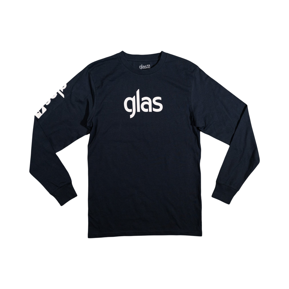 Glas Apparel navy blue long sleeve cotton shirt with white Glas logo on the chest and sleeve