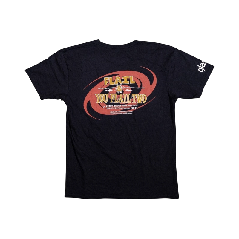 Glas Apparel black cotton t-shirt featuring a retro 90s surf video graphic on the back and logo on the sleeve.
