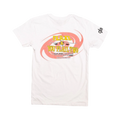 Glas Apparel white cotton t-shirt featuring a retro Flail and You Flail Two surf video graphic on the back