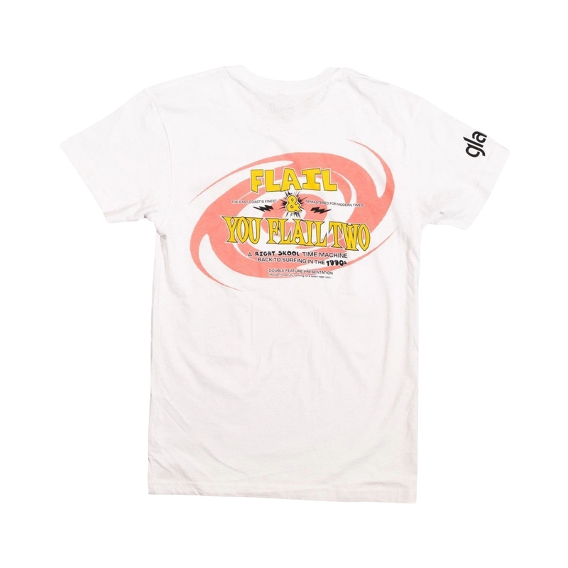 Glas Apparel white cotton t-shirt featuring a retro Flail and You Flail Two surf video graphic on the back